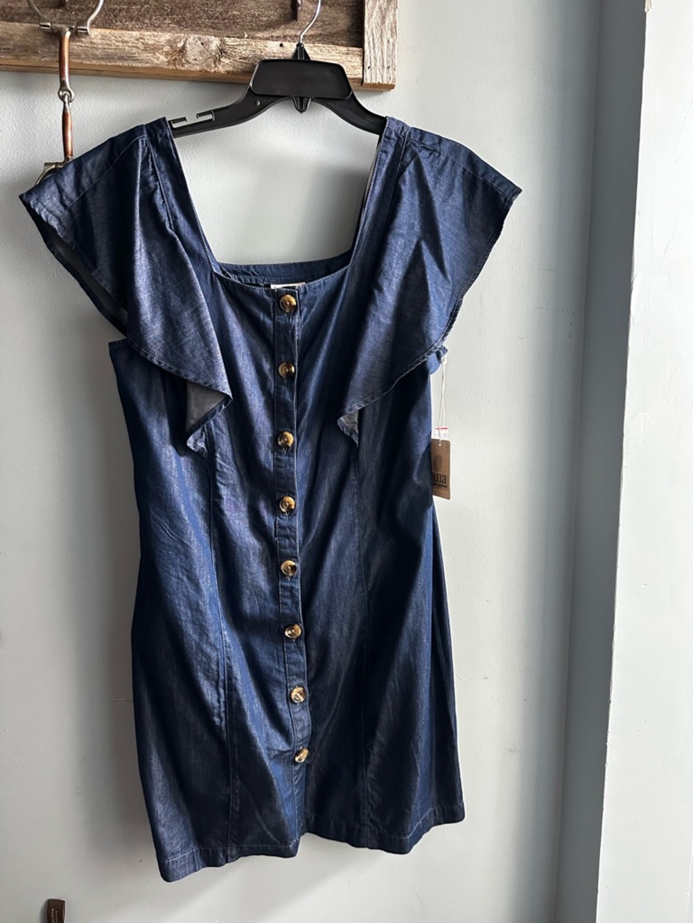Button-Front Denim Mini Dress in Deep Blue